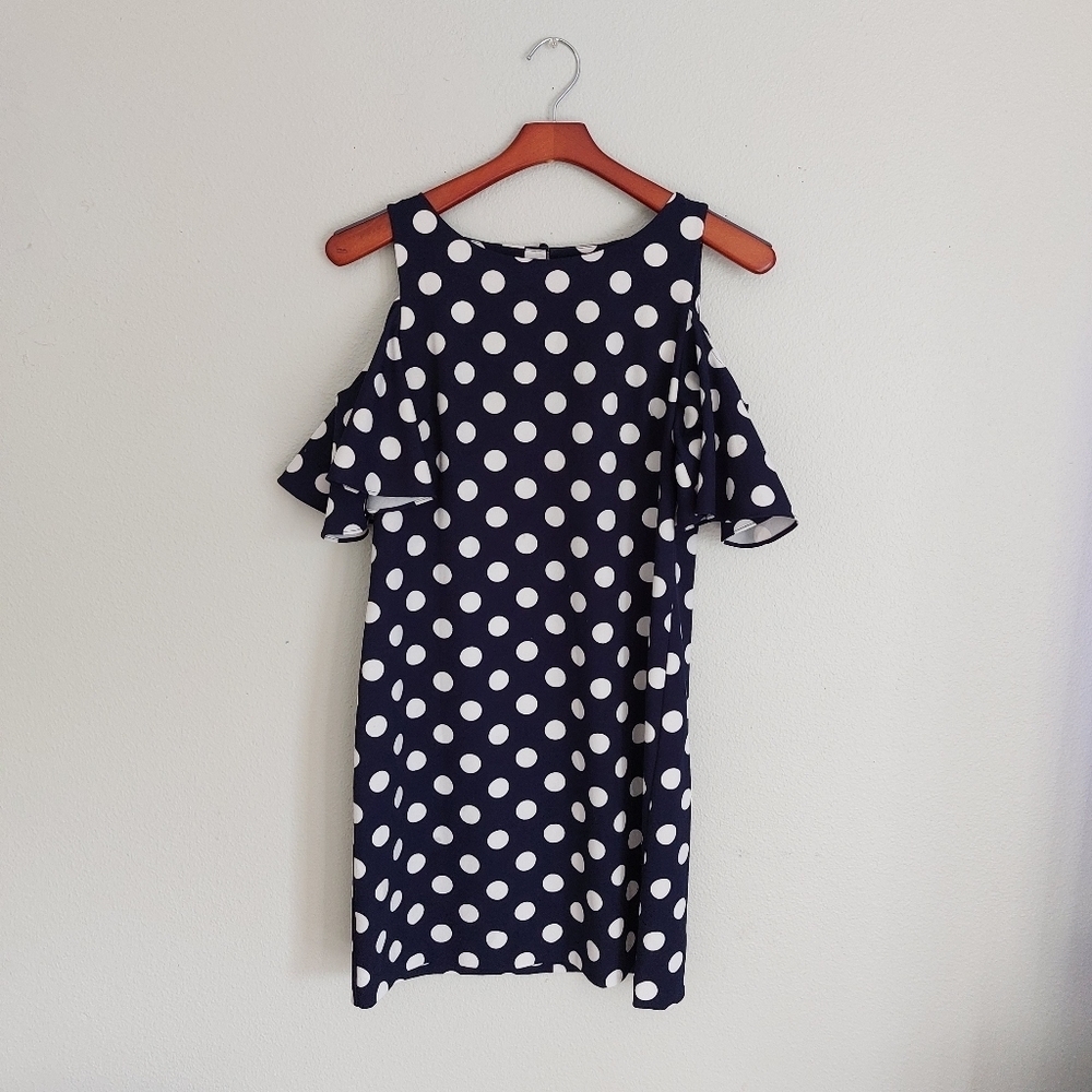Eliza J Women Size 6 Cold Shoulder Flutter Sleeve Polka Dots Mini Dress - Picture 3 of 8